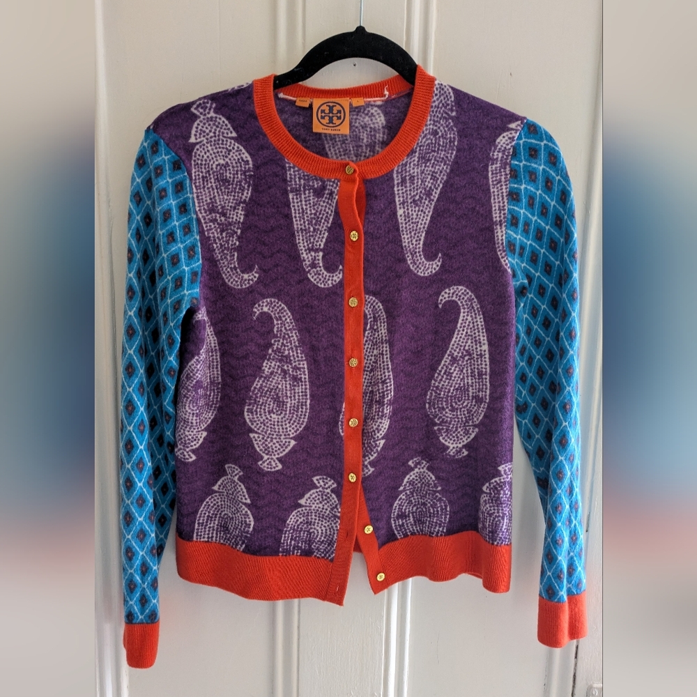 Tory Burch Purple and Blue Merino PaislWool Cardigan * Large but fits Like a S/M